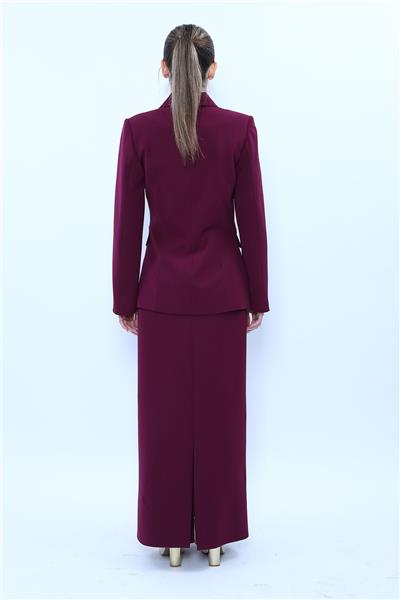 Erkek Yaka Blazer Ceket & Uzun Düz Dar Etek-Mürdüm