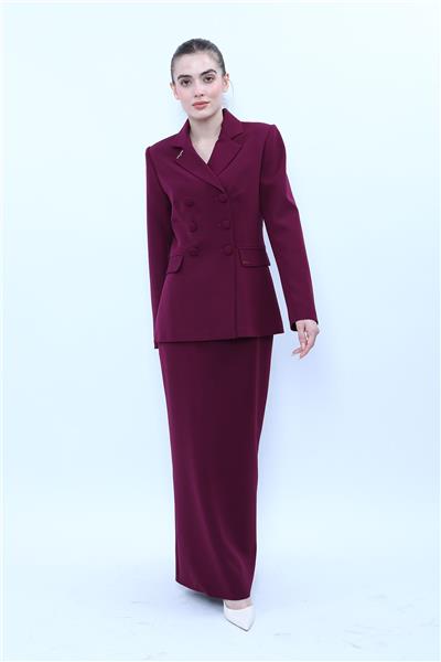 Erkek Yaka Blazer Ceket & Uzun Düz Dar Etek-Mürdüm