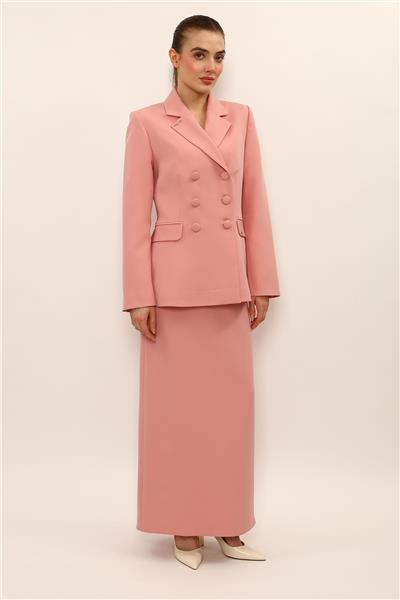Erkek Yaka Blazer Ceket & Uzun Düz Dar Etek-Pudra