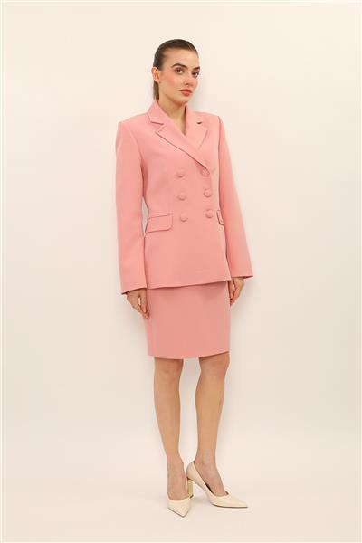Erkek Yaka Blazer Ceket & Yırtmaçlı Düz Dar Etek-Pudra