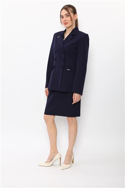 Erkek Yaka Blazer Ceket & Yırtmaçlı Düz Dar Etek-Lacivert