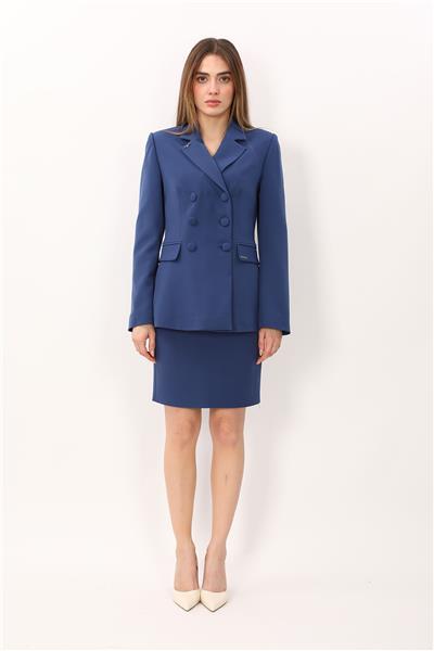 Erkek Yaka Blazer Ceket & Yırtmaçlı Düz Dar Etek-İndigo