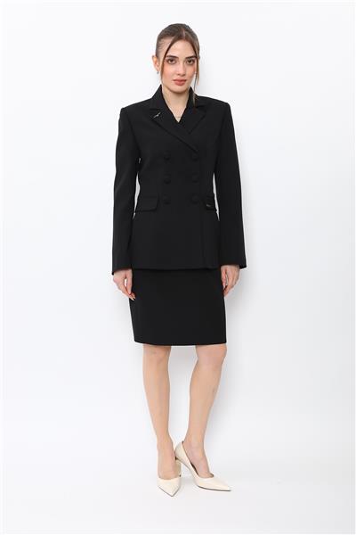Erkek Yaka Blazer Ceket & Yırtmaçlı Düz Dar Etek-Siyah