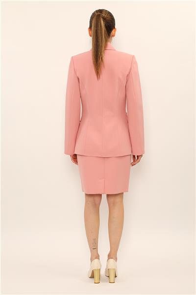 Erkek Yaka Blazer Ceket & Yırtmaçlı Düz Dar Etek-Pudra