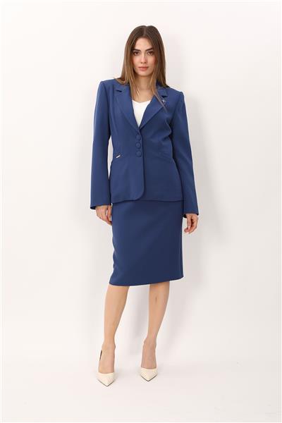 Erkek Yaka Boydan Kuplu Ceket & Düz Dar Etek-İndigo
