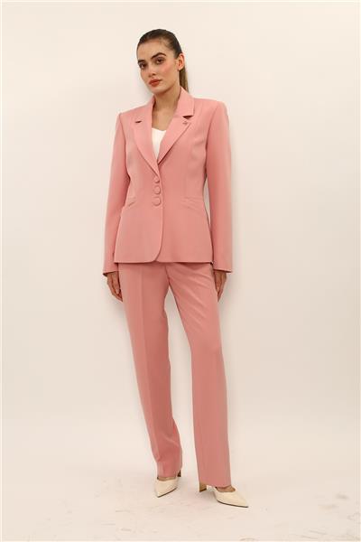 Erkek Yaka Boydan Kuplu Ceket & Kemerli Boru Paça Pantolon-Pudra