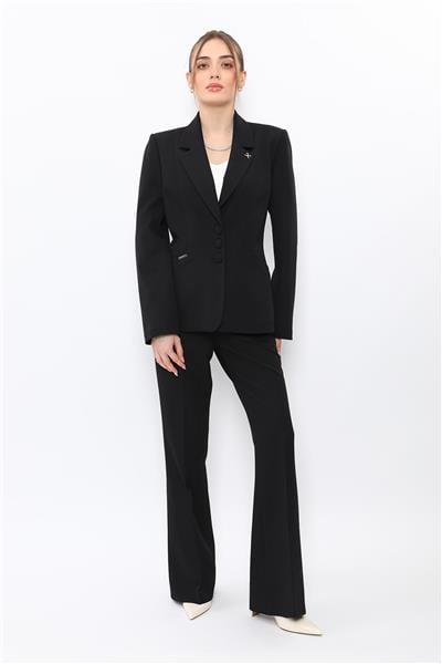 Erkek Yaka Boydan Kuplu Ceket & Kemerli İspanyol Paça Pantolon-Siyah