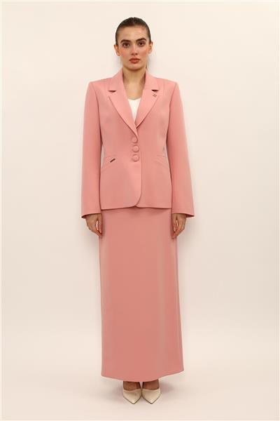 Erkek Yaka Boydan Kuplu Ceket & Uzun Düz Dar Etek-Pudra