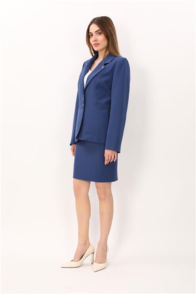 Erkek Yaka Boydan Kuplu Ceket & Yırtmaçlı Düz Dar Etek-İndigo