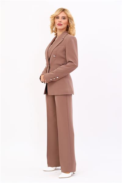 Erkek Yaka  Çapraz Ceket & Bol Paça Pantolon-Kahve - 1047520