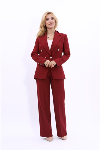 Erkek Yaka  Çapraz Ceket & Bol Paça Pantolon-Bordo