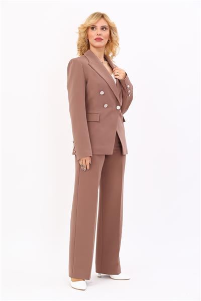 Erkek Yaka  Çapraz Ceket & Bol Paça Pantolon-Kahve - 1047520