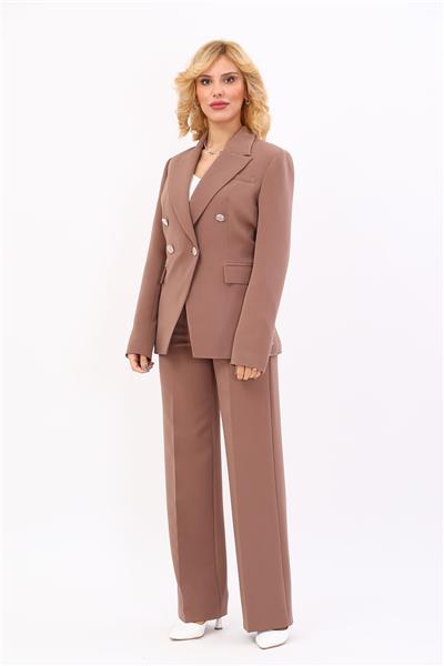 Erkek Yaka  Çapraz Ceket & Bol Paça Pantolon-Kahve - 1047520