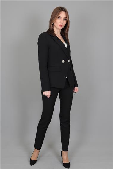Erkek Yaka  Çapraz Ceket & Dar Paça Pantolon-Siyah