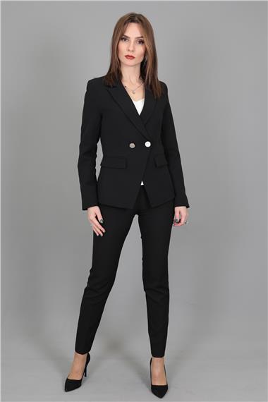 Erkek Yaka  Çapraz Ceket & Dar Paça Pantolon-Siyah