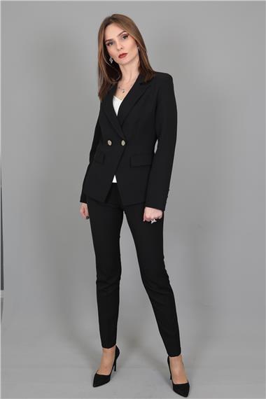 Erkek Yaka  Çapraz Ceket & Dar Paça Pantolon-Siyah