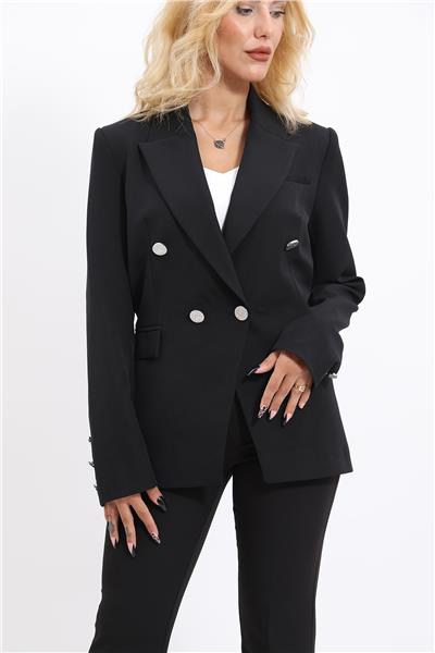 Erkek Yaka  Çapraz Ceket & İspanyol Paça Pantolon-Siyah