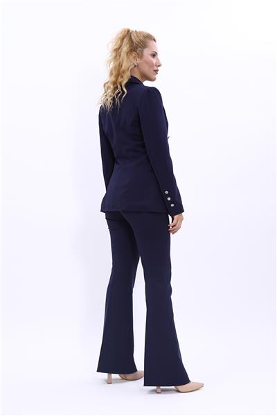 Erkek Yaka  Çapraz Ceket & İspanyol Paça Pantolon-Lacivert