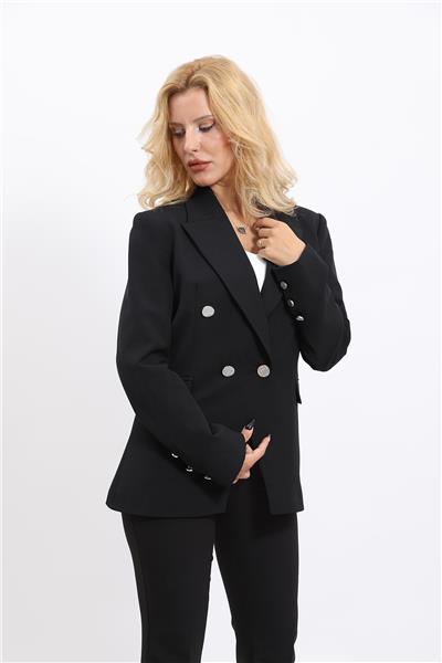 Erkek Yaka  Çapraz Ceket & İspanyol Paça Pantolon-Siyah