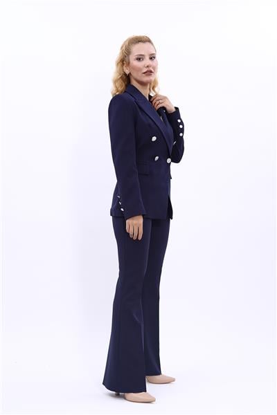 Erkek Yaka  Çapraz Ceket & İspanyol Paça Pantolon-Lacivert