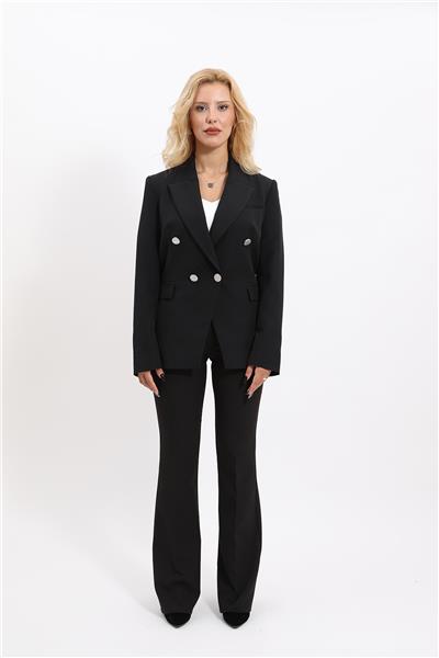 Erkek Yaka  Çapraz Ceket & İspanyol Paça Pantolon-Siyah