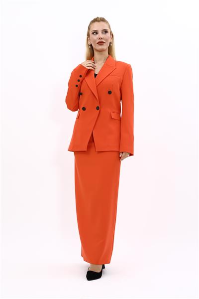 Erkek Yaka  Çapraz Ceket &  Uzun Düz Dar Etek-Turuncu