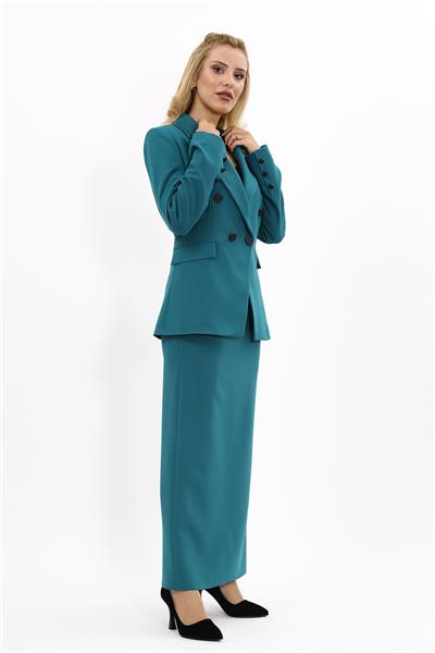 Erkek Yaka  Çapraz Ceket &  Uzun Düz Dar Etek-Petrol