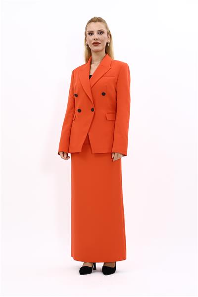 Erkek Yaka  Çapraz Ceket &  Uzun Düz Dar Etek-Turuncu