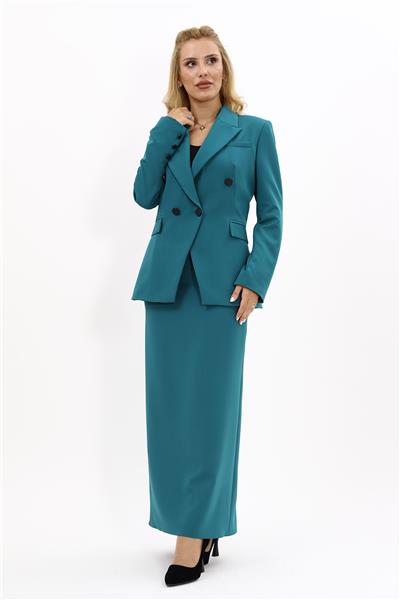 Erkek Yaka  Çapraz Ceket &  Uzun Düz Dar Etek-Petrol