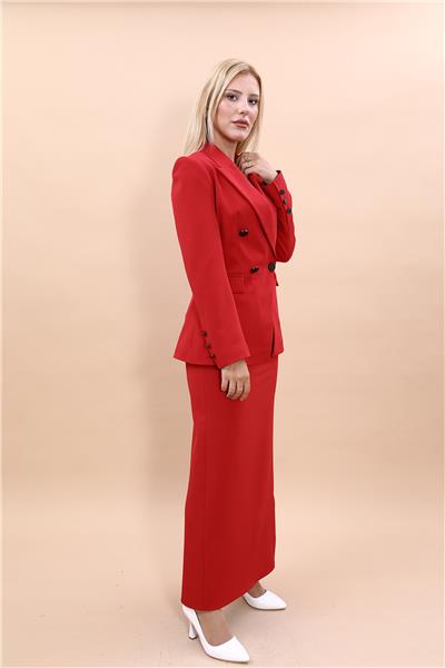 Erkek Yaka  Çapraz Ceket &  Uzun Düz Dar Etek-Kırmızı