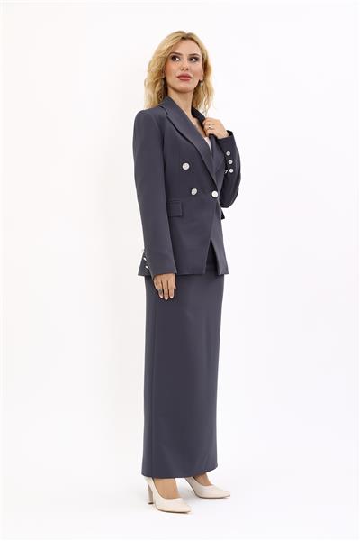 Erkek Yaka  Çapraz Ceket &  Uzun Düz Dar Etek-Füme