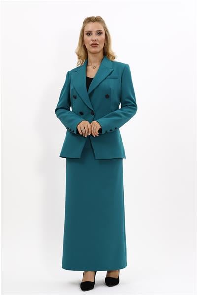 Erkek Yaka  Çapraz Ceket &  Uzun Düz Dar Etek-Petrol