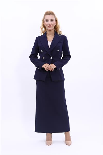 Erkek Yaka  Çapraz Ceket &  Uzun Düz Dar Etek-Lacivert