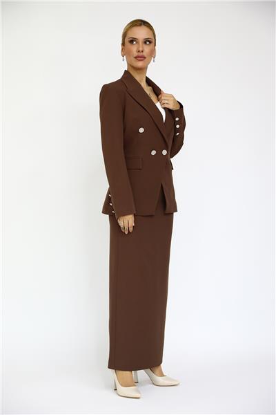 Erkek Yaka  Çapraz Ceket &  Uzun Düz Dar Etek-Kestane