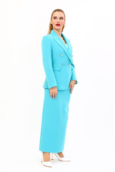 Erkek Yaka  Çapraz Ceket &  Uzun Düz Dar Etek-Turkuaz