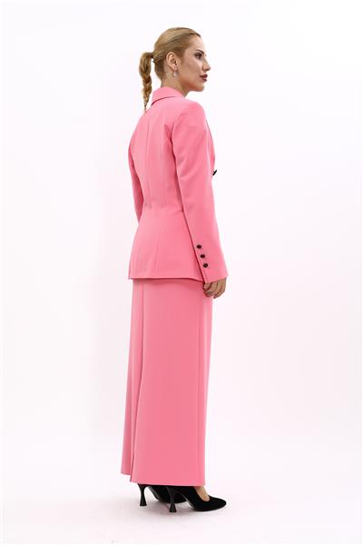 Erkek Yaka  Çapraz Ceket &  Uzun Düz Dar Etek-Pembe
