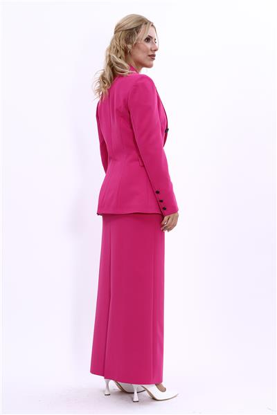 Erkek Yaka  Çapraz Ceket &  Uzun Düz Dar Etek-Fuşya