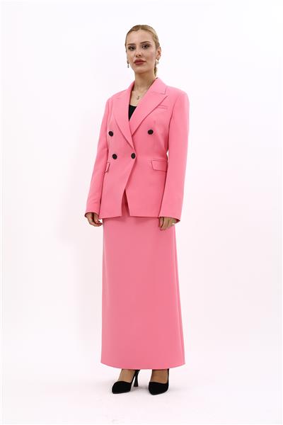 Erkek Yaka  Çapraz Ceket &  Uzun Düz Dar Etek-Pembe