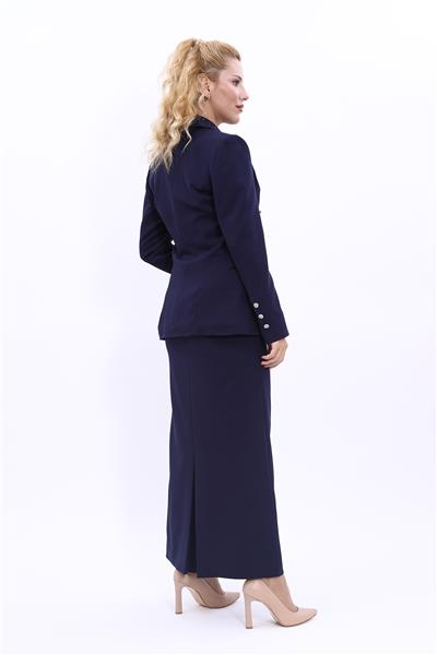 Erkek Yaka  Çapraz Ceket &  Uzun Düz Dar Etek-Lacivert