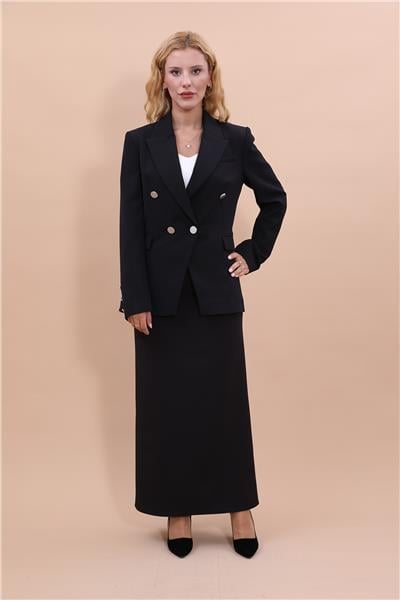 Erkek Yaka  Çapraz Ceket &  Uzun Düz Dar Etek-Siyah