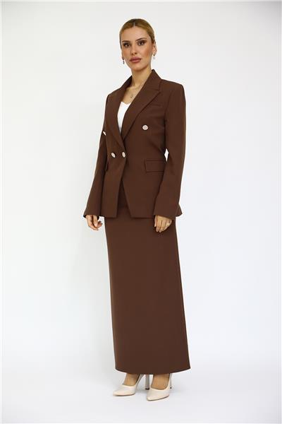 Erkek Yaka  Çapraz Ceket &  Uzun Düz Dar Etek-Kestane