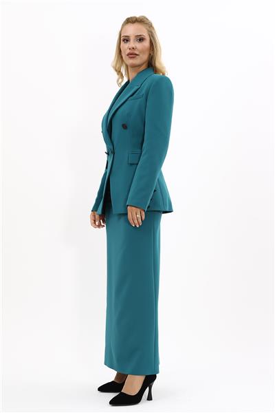 Erkek Yaka  Çapraz Ceket &  Uzun Düz Dar Etek-Petrol