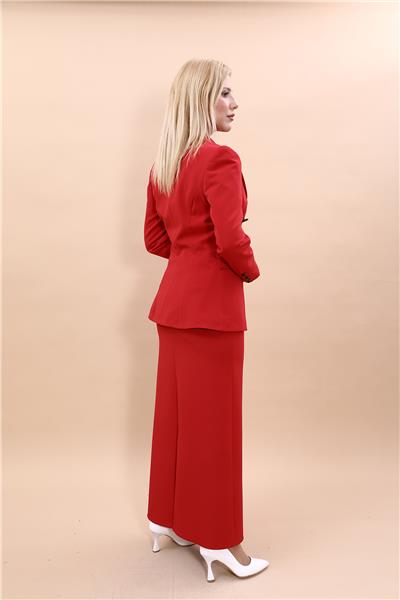 Erkek Yaka  Çapraz Ceket &  Uzun Düz Dar Etek-Kırmızı