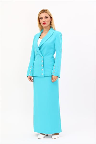 Erkek Yaka  Çapraz Ceket &  Uzun Düz Dar Etek-Turkuaz