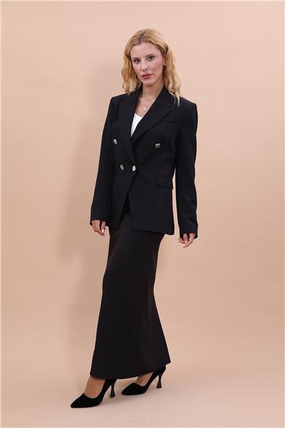 Erkek Yaka  Çapraz Ceket &  Uzun Düz Dar Etek-Siyah