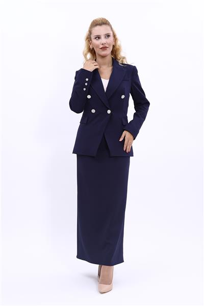 Erkek Yaka  Çapraz Ceket &  Uzun Düz Dar Etek-Lacivert