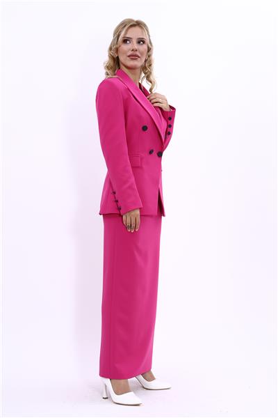 Erkek Yaka  Çapraz Ceket &  Uzun Düz Dar Etek-Fuşya