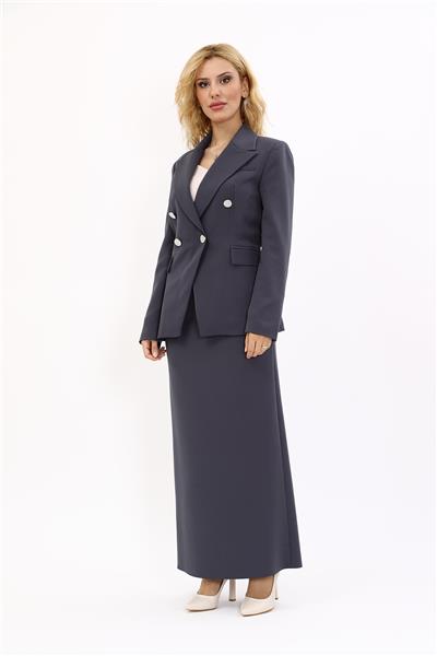 Erkek Yaka  Çapraz Ceket &  Uzun Düz Dar Etek-Füme