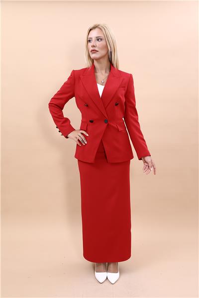 Erkek Yaka  Çapraz Ceket &  Uzun Düz Dar Etek-Kırmızı