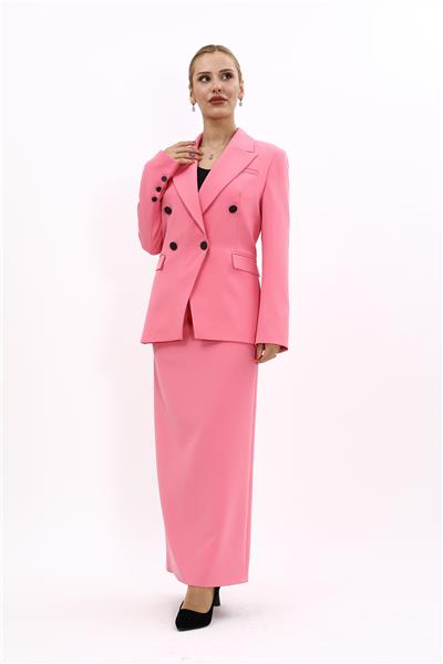 Erkek Yaka  Çapraz Ceket &  Uzun Düz Dar Etek-Pembe